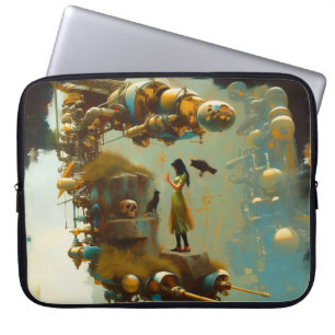 Abstract SciFi Cat Raven Occult Dark Witchy AI Art Laptop Sleeve