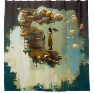 Abstract SciFi Cat Raven Occult Dark Witchy AI Art Shower Curtain