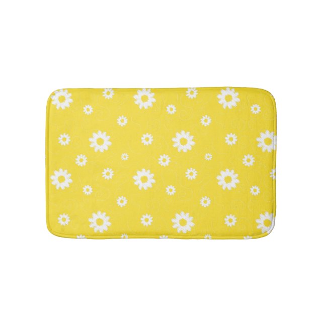 Abstract Scribble Yellow White Flower Pattern Bath Mat (Front)