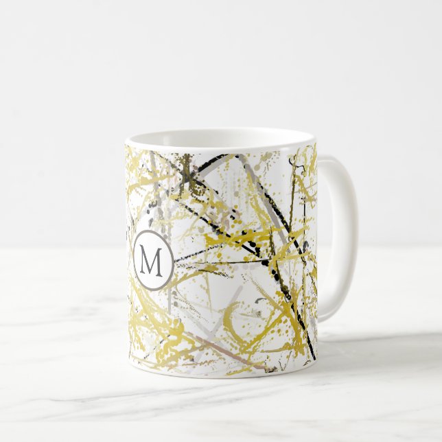 Abstract Scribbles - Mustard and Brown Coffee Mug (Front Right)