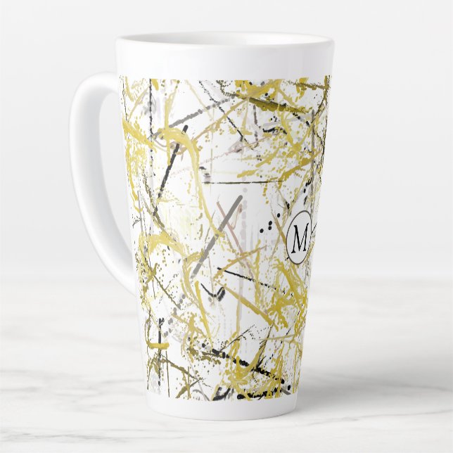 Abstract Scribbles - Mustard and Brown Latte Mug (Left Angle)