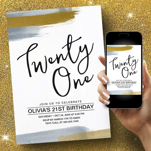 Abstract Script Elegant Gold 21st Birthday Invitation (21st Birthday Abstract Script Elegant Gold Invitation)