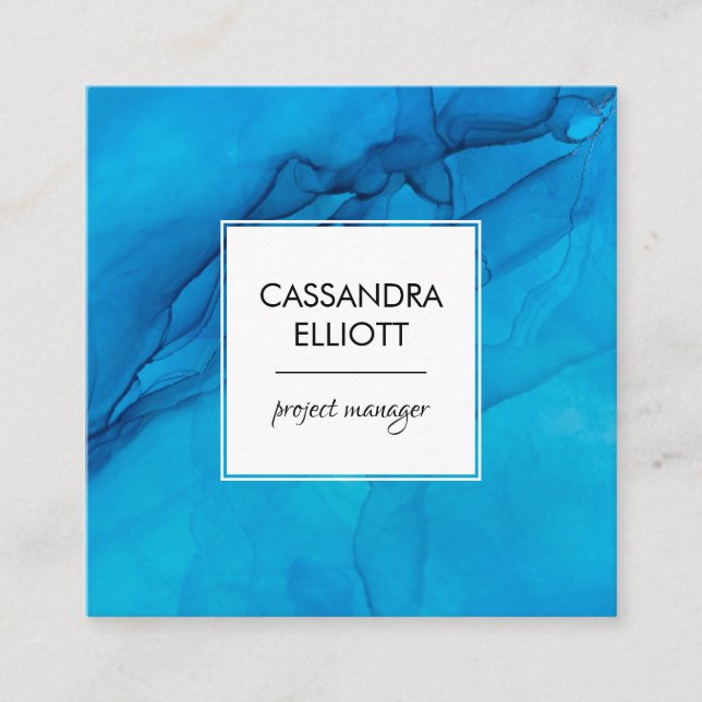 Abstract Scuba Blue Alcohol Ink Liquid Art Square Business Card (Front)