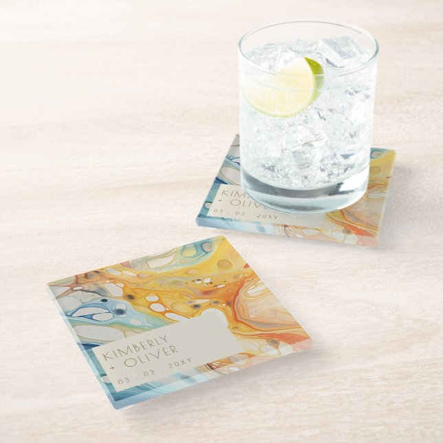 Abstract Sea Waves and Sand Stones Beach Wedding Glass Coaster (Angled)