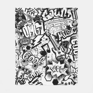 Abstract seamless black and white comics graffiti fleece blanket
