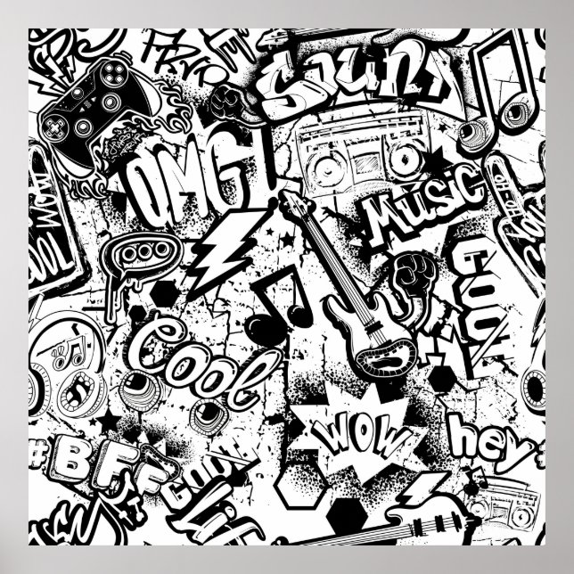 Abstract seamless black and white comics graffiti  poster (Front)
