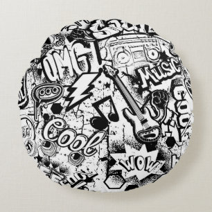 Abstract seamless black and white comics graffiti  round cushion