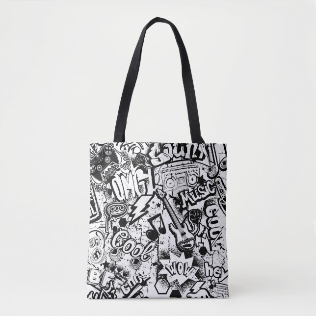 Abstract seamless black and white comics graffiti  tote bag (Front)