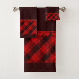 Abstract seamless chequered plaid red brown tartan bath towel set