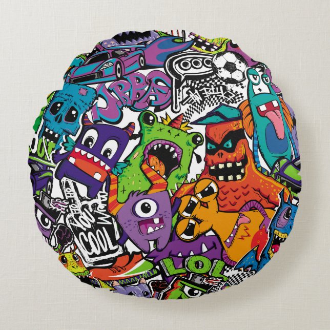 Abstract seamless comics monsters. Cartoon mutant  Round Cushion (Front)