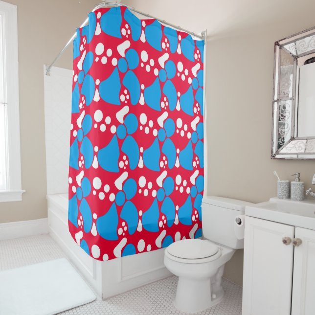 Abstract seamless moder print bright fun kids red shower curtain (In Situ)