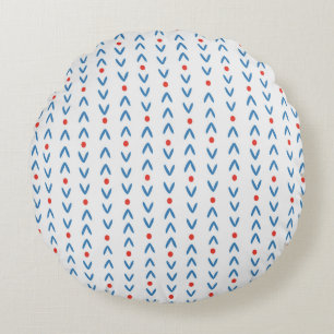 Abstract seamless pattern in blue and red on cream round cushion