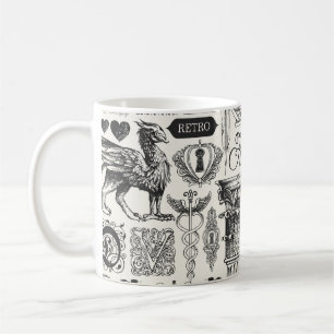 Abstract seamless pattern on the theme of vintage coffee mug