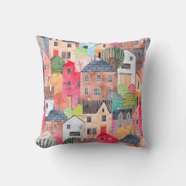 Abstract seamless pattern with houses. Watercolor  Cushion (Front)