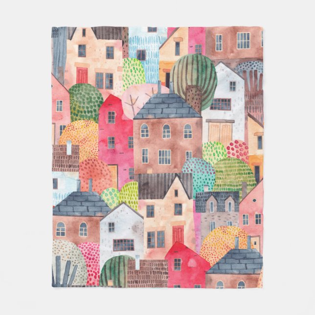 Abstract seamless pattern with houses. Watercolor  Fleece Blanket (Front)