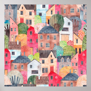 Abstract seamless pattern with houses. Watercolor  Poster