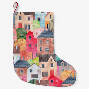 Abstract seamless pattern with houses. Watercolor Small Christmas Stocking