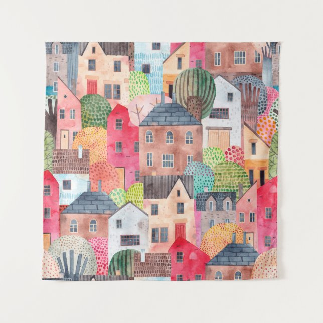 Abstract seamless pattern with houses. Watercolor  Tapestry (Front)
