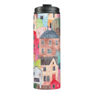 Abstract seamless pattern with houses. Watercolor  Thermal Tumbler