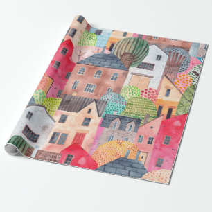 Abstract seamless pattern with houses. Watercolor Wrapping Paper