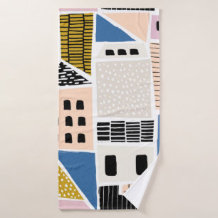 Abstract seamless pattern with houses with hand dr bath towel