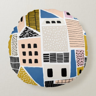 Abstract seamless pattern with houses with hand dr round cushion