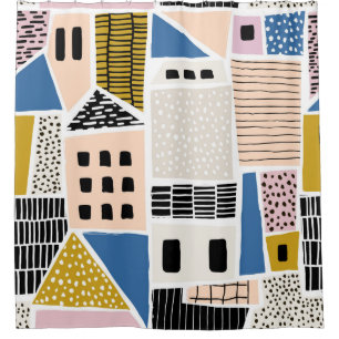 Abstract seamless pattern with houses with hand dr shower curtain