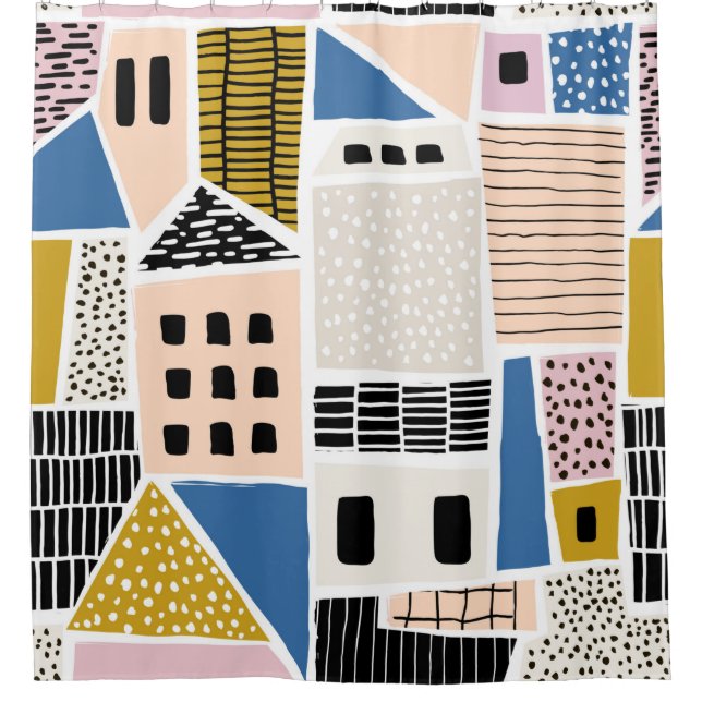 Abstract seamless pattern with houses with hand dr shower curtain (Front)