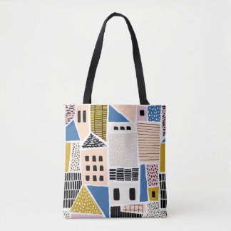 Abstract seamless pattern with houses with hand dr tote bag