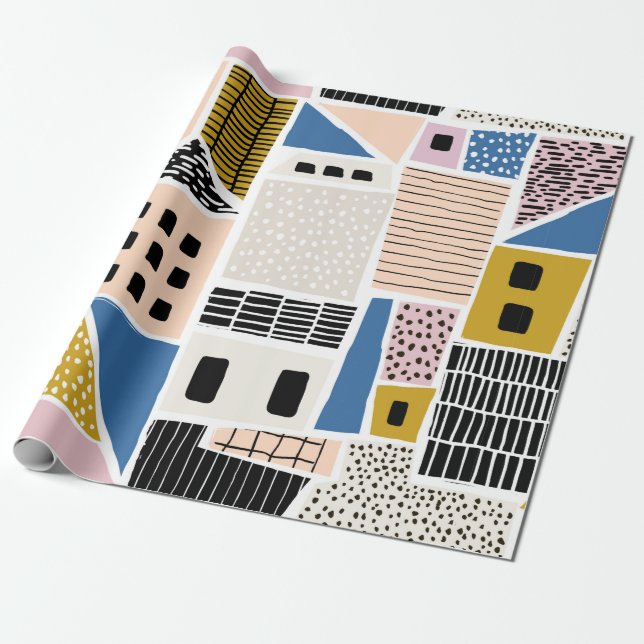 Abstract seamless pattern with houses with hand dr wrapping paper (Unrolled)