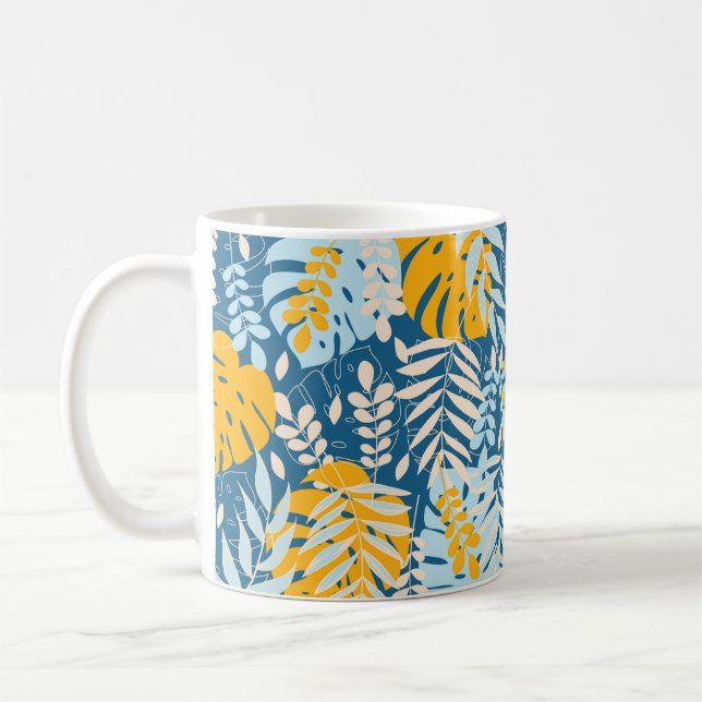 Abstract seamless pattern with tropical leaves and coffee mug (Left)