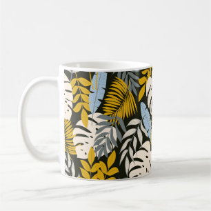 Abstract seamless pattern with tropical leaves and coffee mug