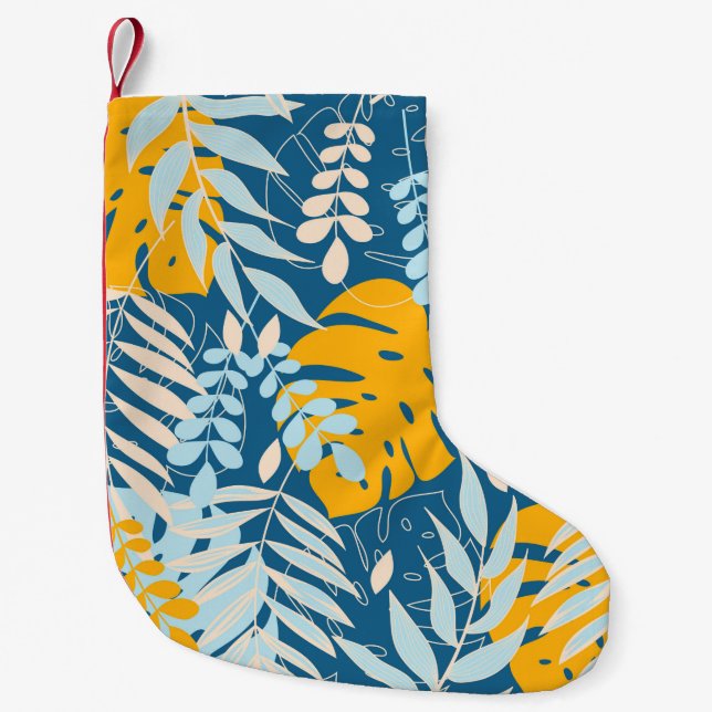 Abstract seamless pattern with tropical leaves and small christmas stocking (Front)