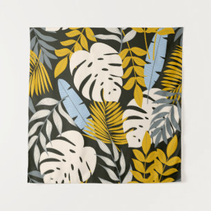 Abstract seamless pattern with tropical leaves and tapestry
