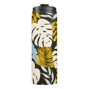 Abstract seamless pattern with tropical leaves and thermal tumbler