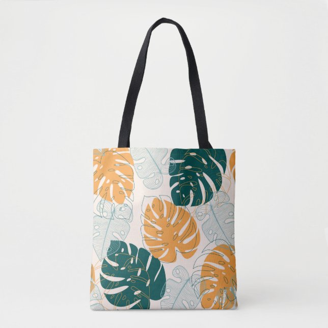 Abstract seamless pattern with tropical leaves and tote bag (Front)