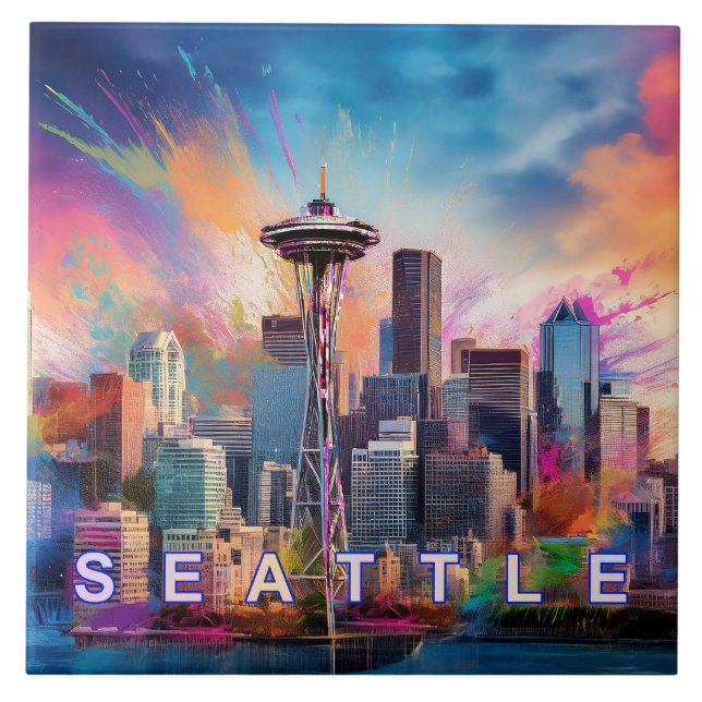 Abstract Seattle Skyline Art Modern Cityscape  Tile (Front)