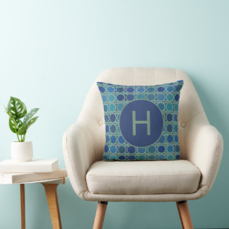 Abstract Shades of Blue Circle Pattern Monogram Cushion
