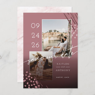 Abstract Shapes Dusty Rose Marble Back & 2 Photos Save The Date