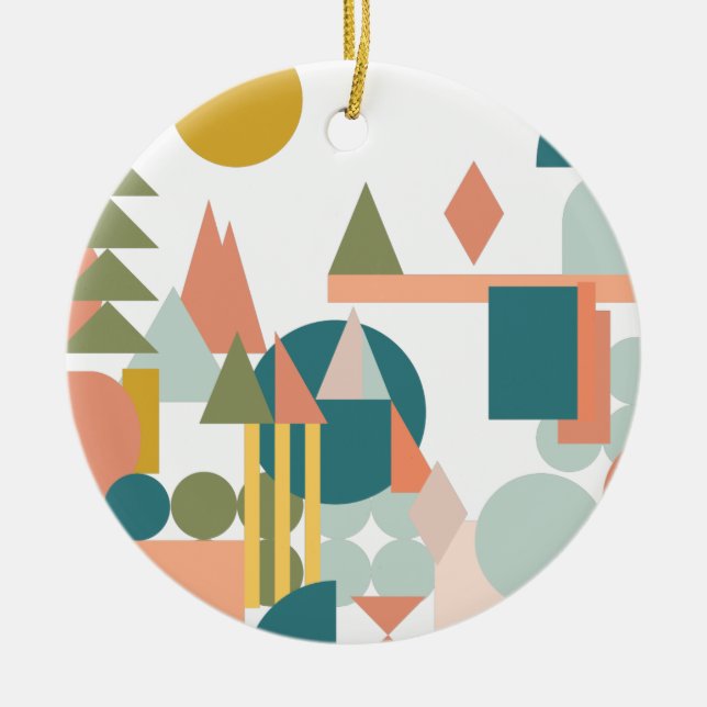 Abstract Shapes Landscape Blue Green Geometric Ceramic Tree Decoration (Front)