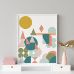 Abstract Shapes Landscape Blue Green Geometric Poster<br><div class="desc">A playful pattern of geometric shapes forming an abstract landscape in a soft muted color palette of teal,  mustard,  coral,  blush,  and moss.</div>