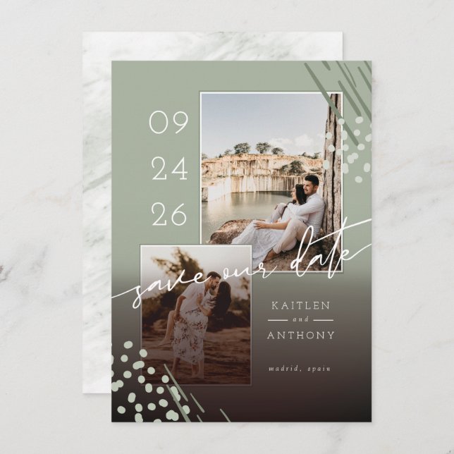 Abstract Shapes Sage Green Marble Back & 2 Photos Save The Date (Front/Back)