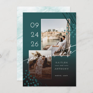 Abstract Shapes Teal Green Marble Back & 2 Photos Save The Date