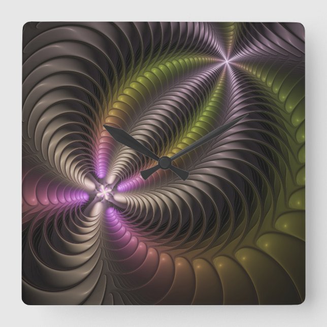 Abstract Shiny Trippy Colorful 3D Fractal Art Square Wall Clock (Front)