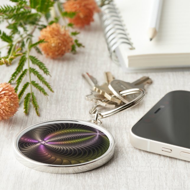 Abstract Shiny Trippy Colourful 3D Fractal Art Key Ring (Side)