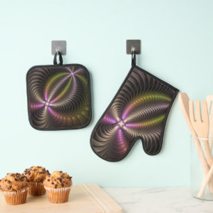 Abstract Shiny Trippy Colourful 3D Fractal Art Oven Mitt & Pot Holder Set