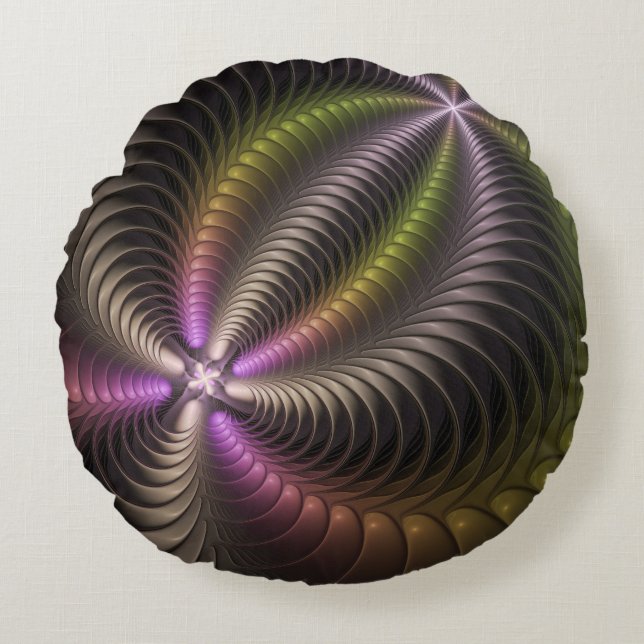 Abstract Shiny Trippy Colourful 3D Fractal Art Round Cushion (Front)