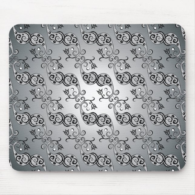 Abstract Silver and black Tulip Boteh Pattern Mouse Mat (Front)