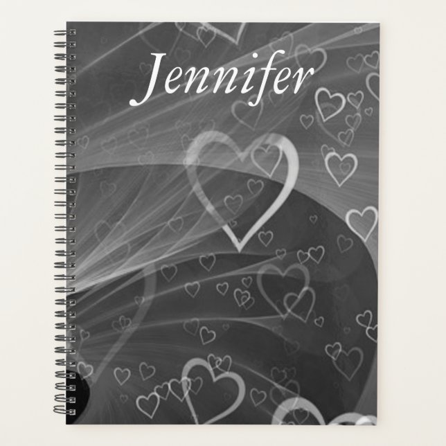 Abstract Silver Hearts and Love Grey Personalised Planner (Front)