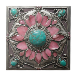 Abstract Silver Pink and turquoise Mosaic Art Tile